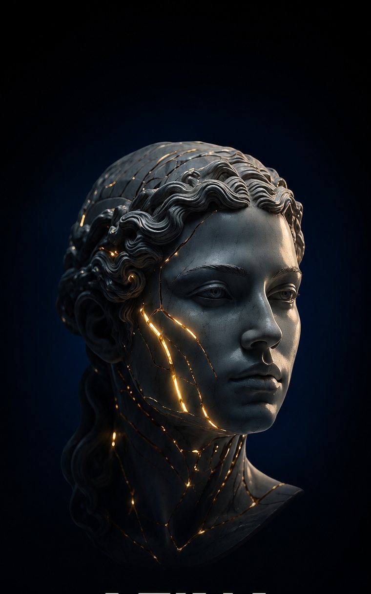 A marble head of Athena veined with gold, the app's splash screen